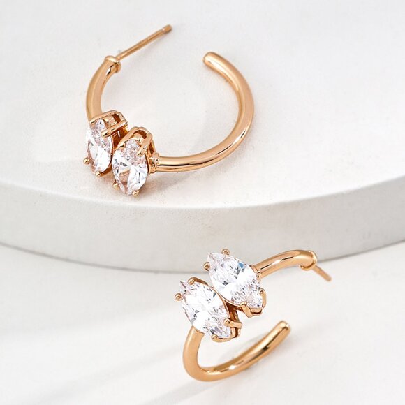 925 Gold Marquise  Open Hoop Earrings - Picture 1 of 6